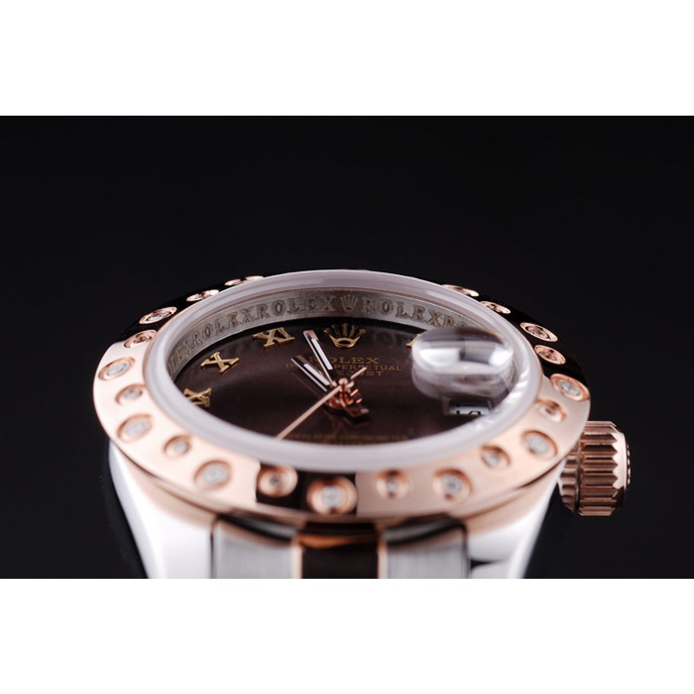 Rolex Datejust Diamonds Rose Gold Polished Bezel Brown Dial 7475