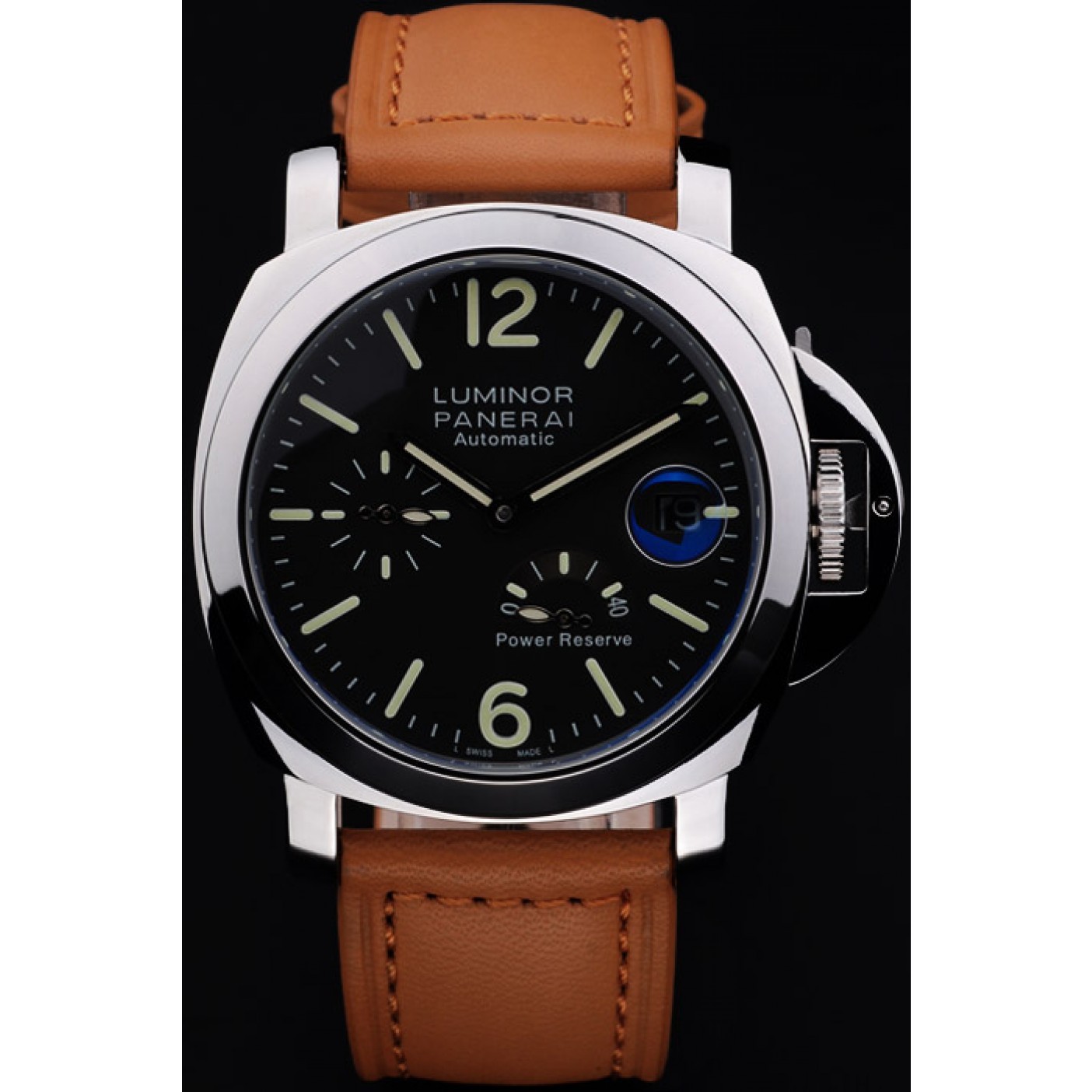 Panerai Luminor Power Reserve Black Dial Steel Case Brown Leather Bracelet