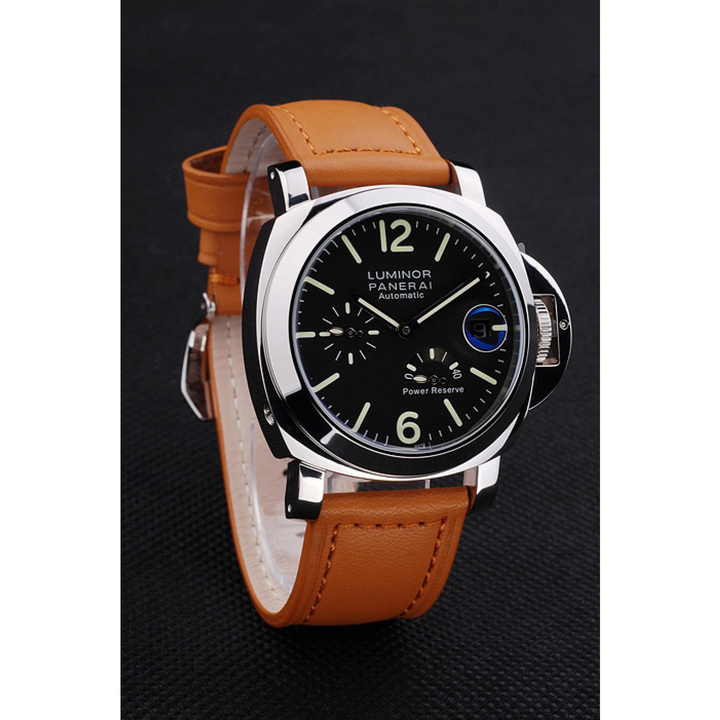 Panerai Luminor Power Reserve Black Dial Steel Case Brown Leather Bracelet