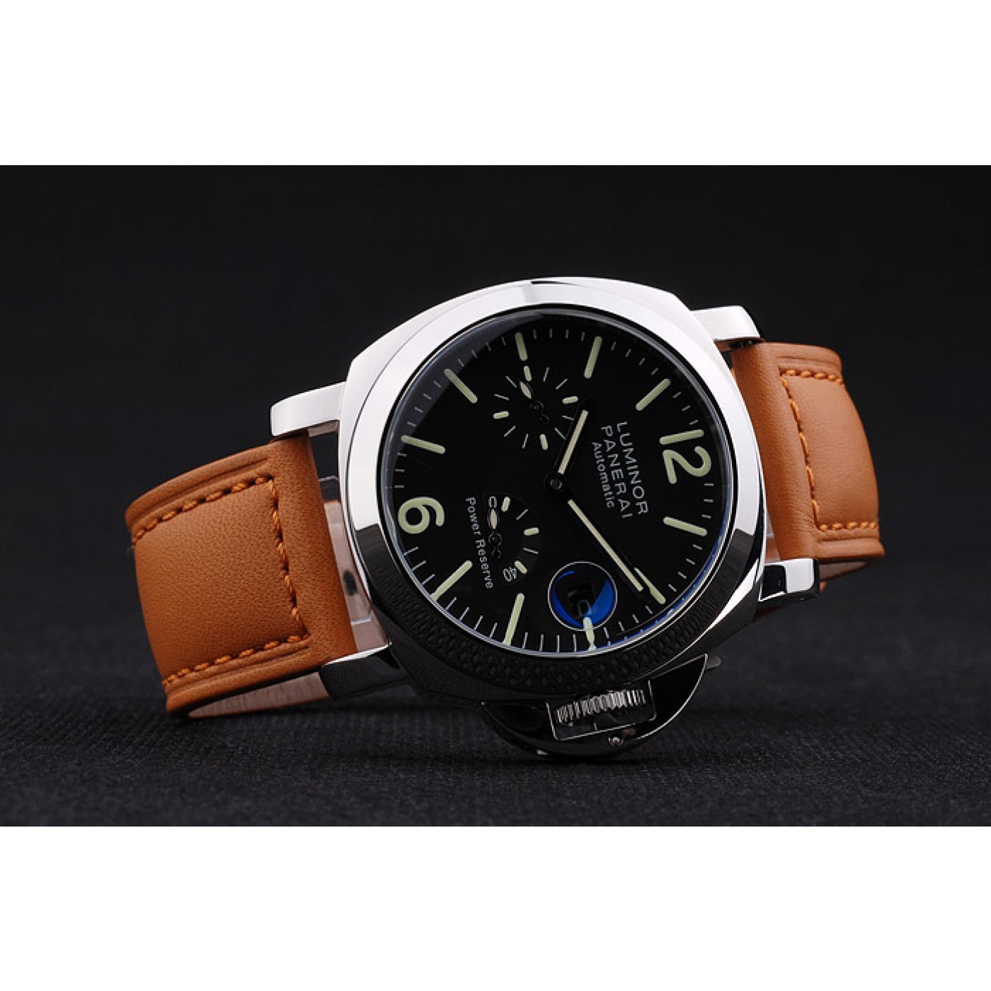 Panerai Luminor Power Reserve Black Dial Steel Case Brown Leather Bracelet