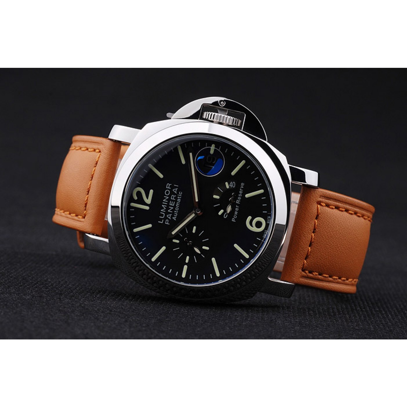 Panerai Luminor Power Reserve Black Dial Steel Case Brown Leather Bracelet