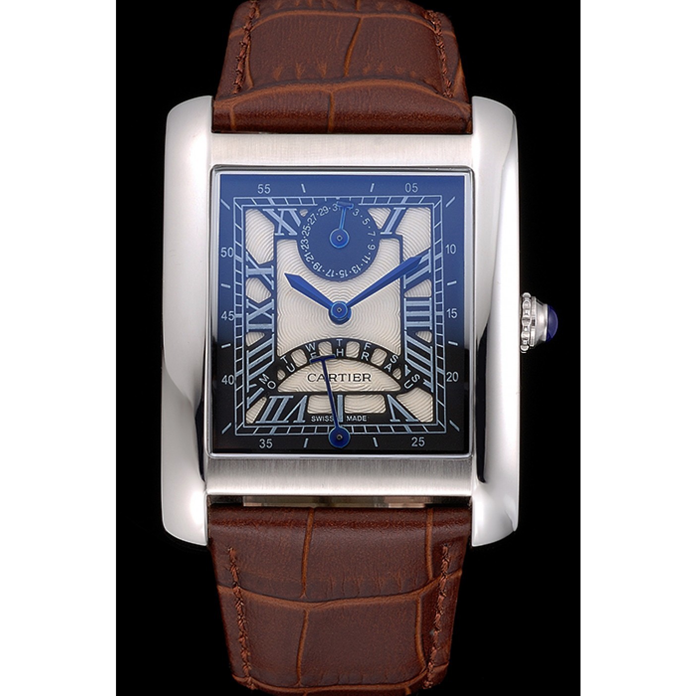 Cartier Tank Black And White Dial Stainless Steel Case Brown Leather Strap 622763