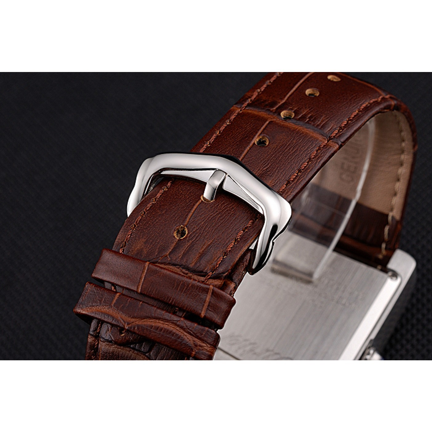 Cartier Tank Black And White Dial Stainless Steel Case Brown Leather Strap 622763