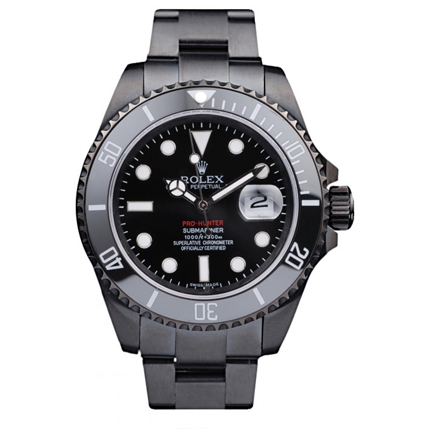 RepTime Watches Rolex Swiss Submariner Pro-Hunter Black Steel Strap Black Dial