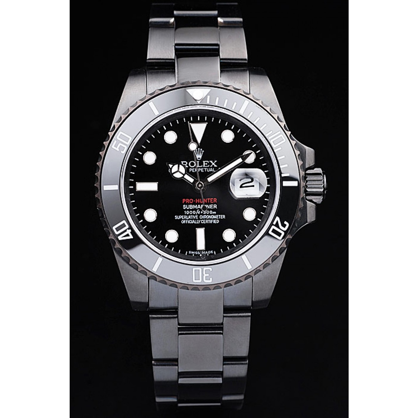 RepTime Watches Rolex Swiss Submariner Pro-Hunter Black Steel Strap Black Dial