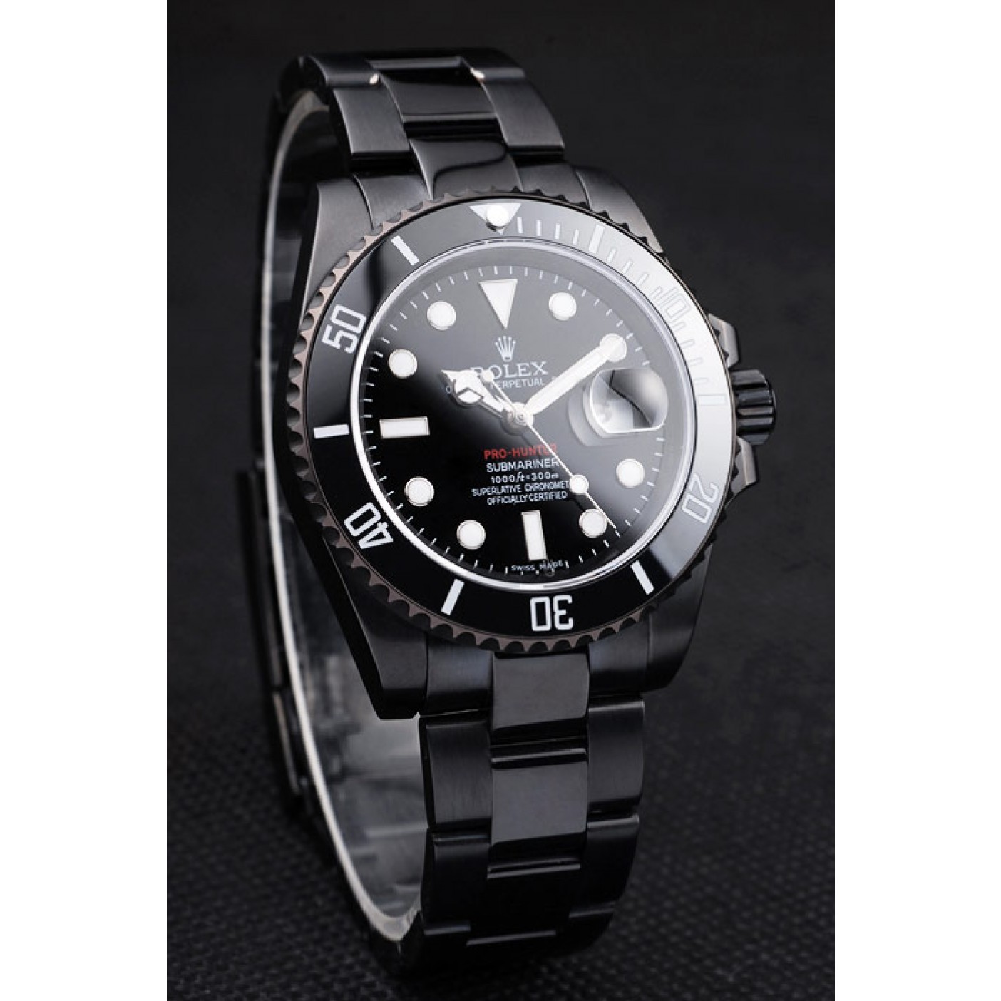 RepTime Watches Rolex Swiss Submariner Pro-Hunter Black Steel Strap Black Dial