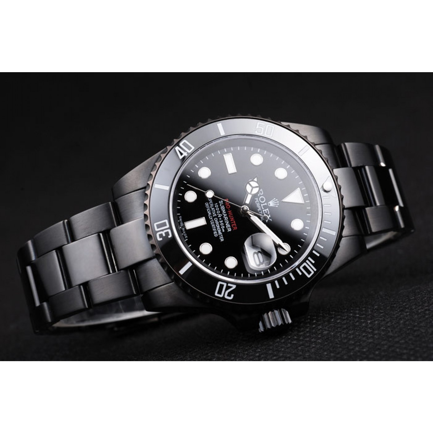 RepTime Watches Rolex Swiss Submariner Pro-Hunter Black Steel Strap Black Dial