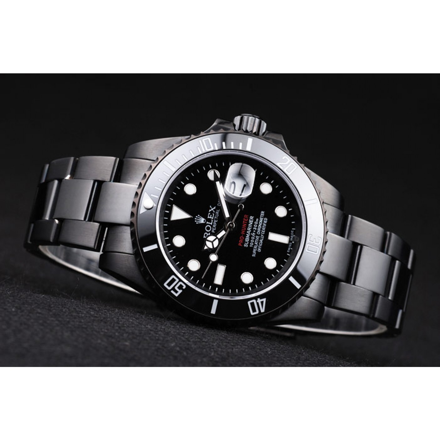 RepTime Watches Rolex Swiss Submariner Pro-Hunter Black Steel Strap Black Dial