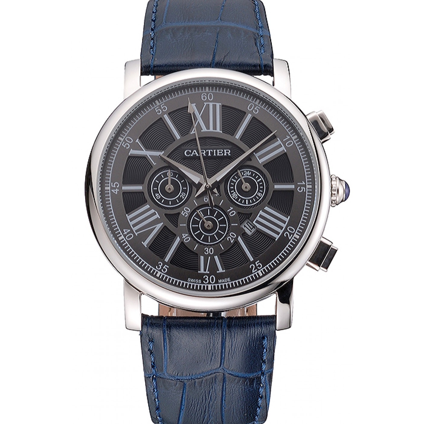 Cartier Rotonde Chronograph Black Dial Stainless Steel Case Blue Leather Strap