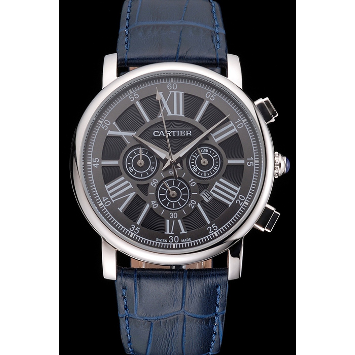 Cartier Rotonde Chronograph Black Dial Stainless Steel Case Blue Leather Strap