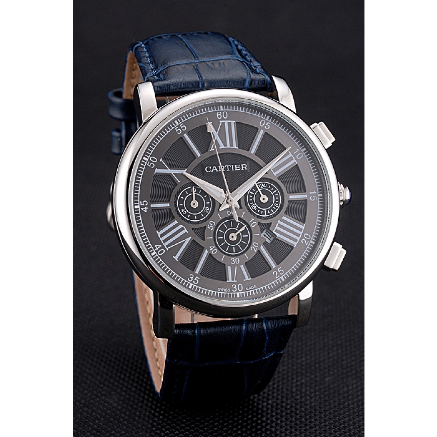 Cartier Rotonde Chronograph Black Dial Stainless Steel Case Blue Leather Strap