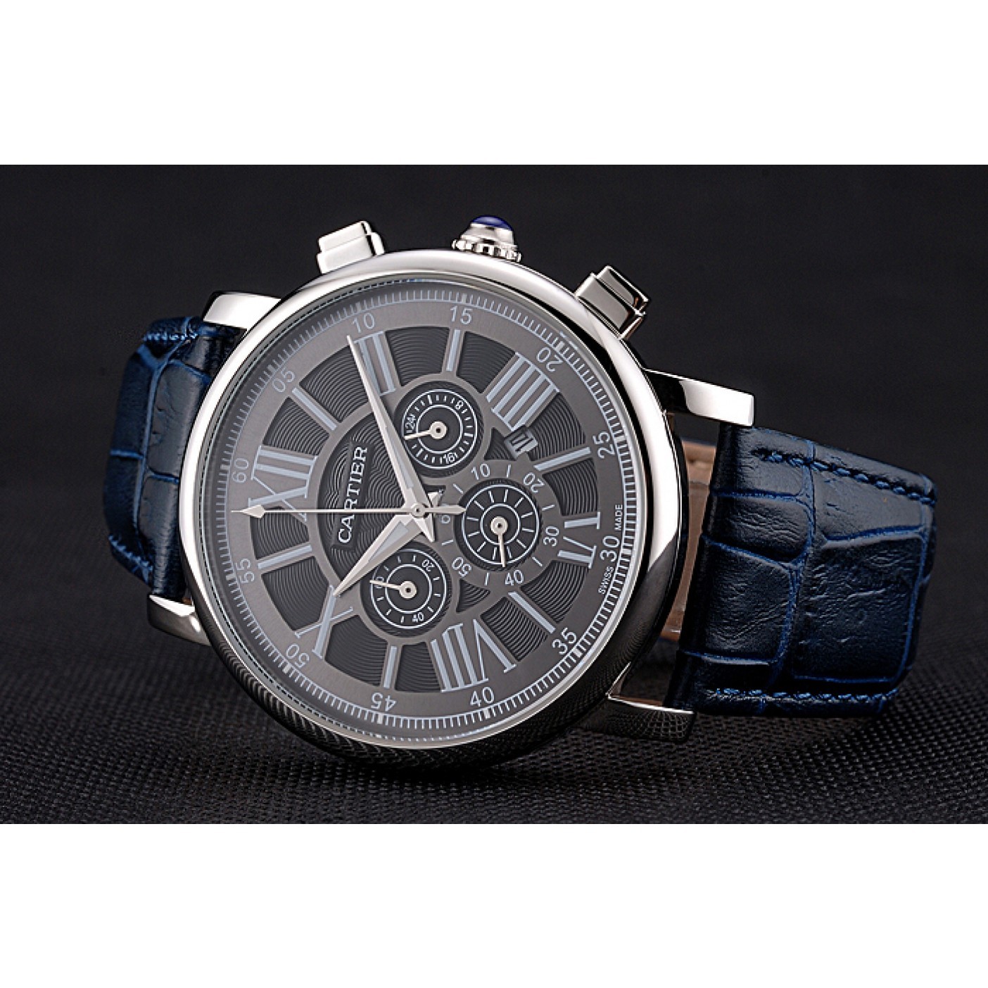 Cartier Rotonde Chronograph Black Dial Stainless Steel Case Blue Leather Strap