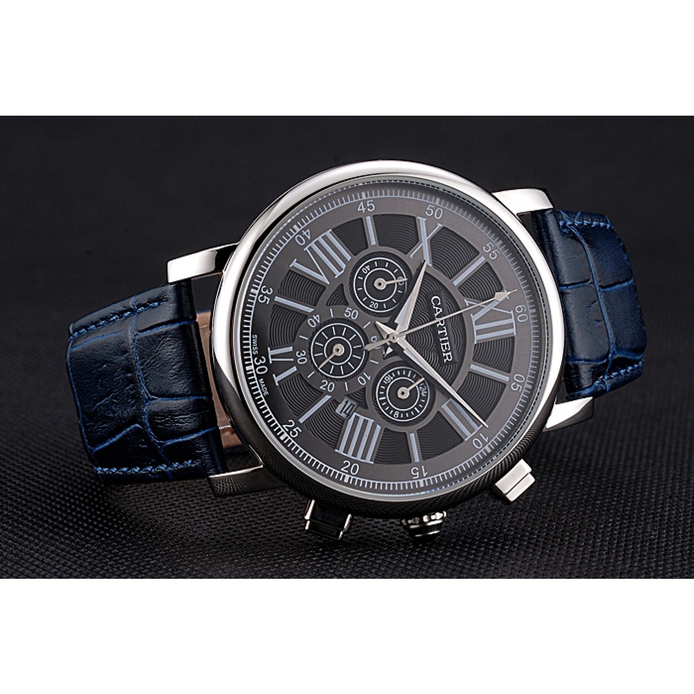 Cartier Rotonde Chronograph Black Dial Stainless Steel Case Blue Leather Strap