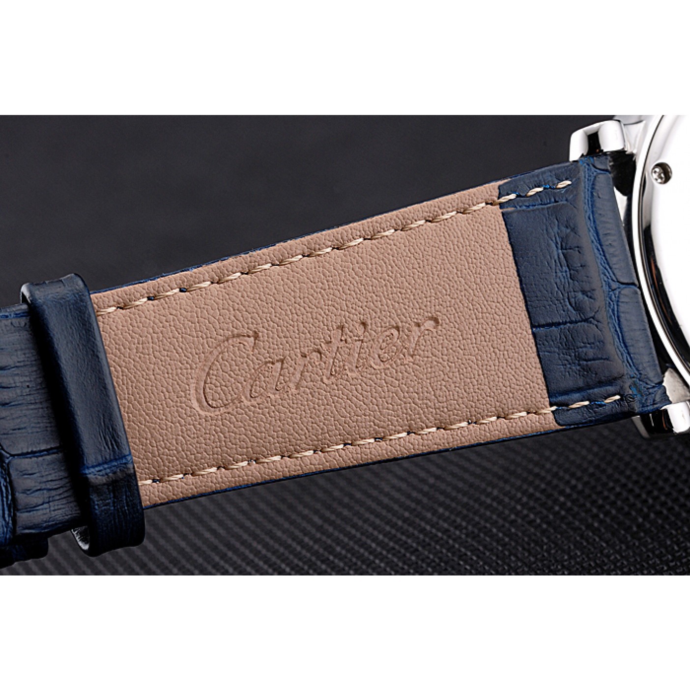 Cartier Rotonde Chronograph Black Dial Stainless Steel Case Blue Leather Strap