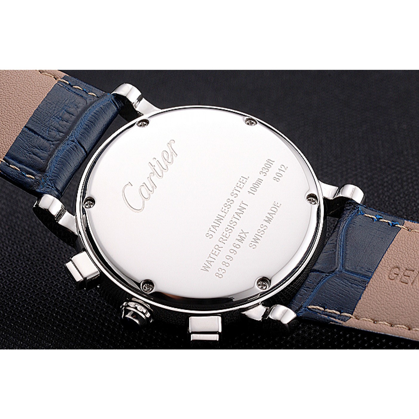 Cartier Rotonde Chronograph Black Dial Stainless Steel Case Blue Leather Strap