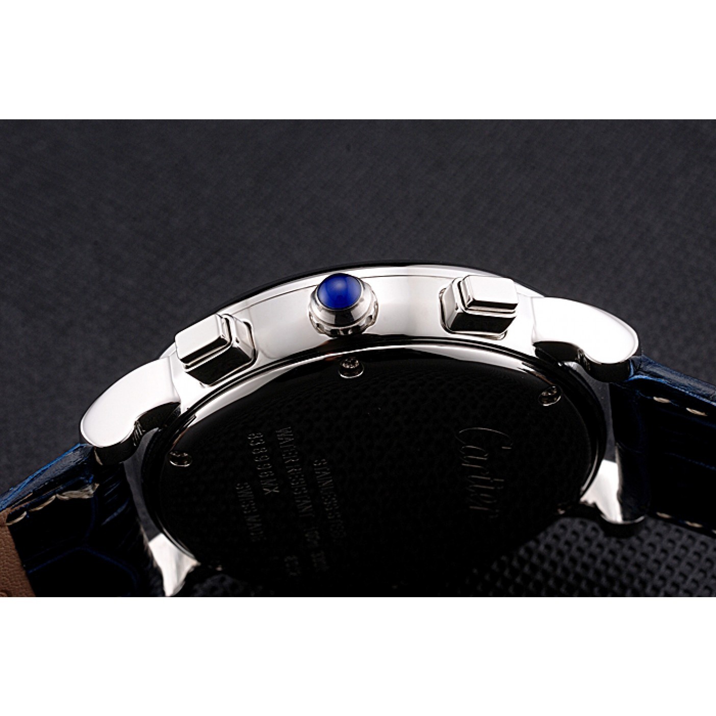 Cartier Rotonde Chronograph Black Dial Stainless Steel Case Blue Leather Strap