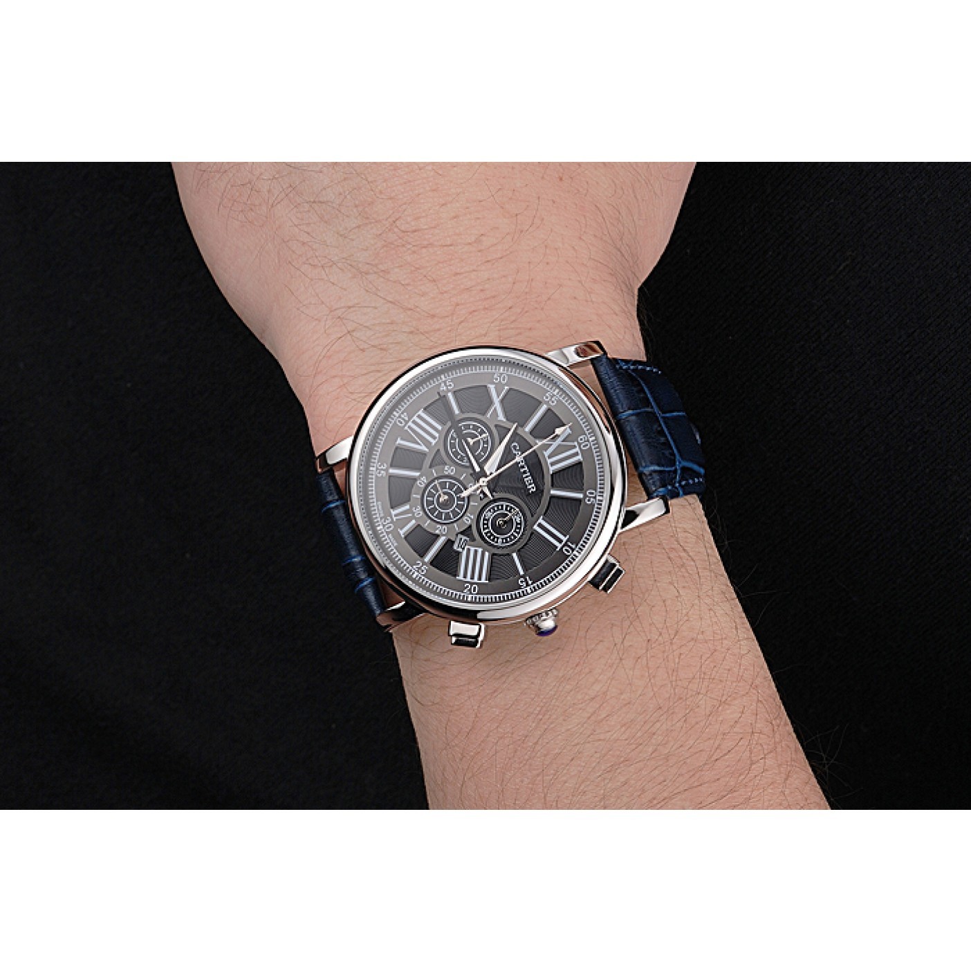 Cartier Rotonde Chronograph Black Dial Stainless Steel Case Blue Leather Strap