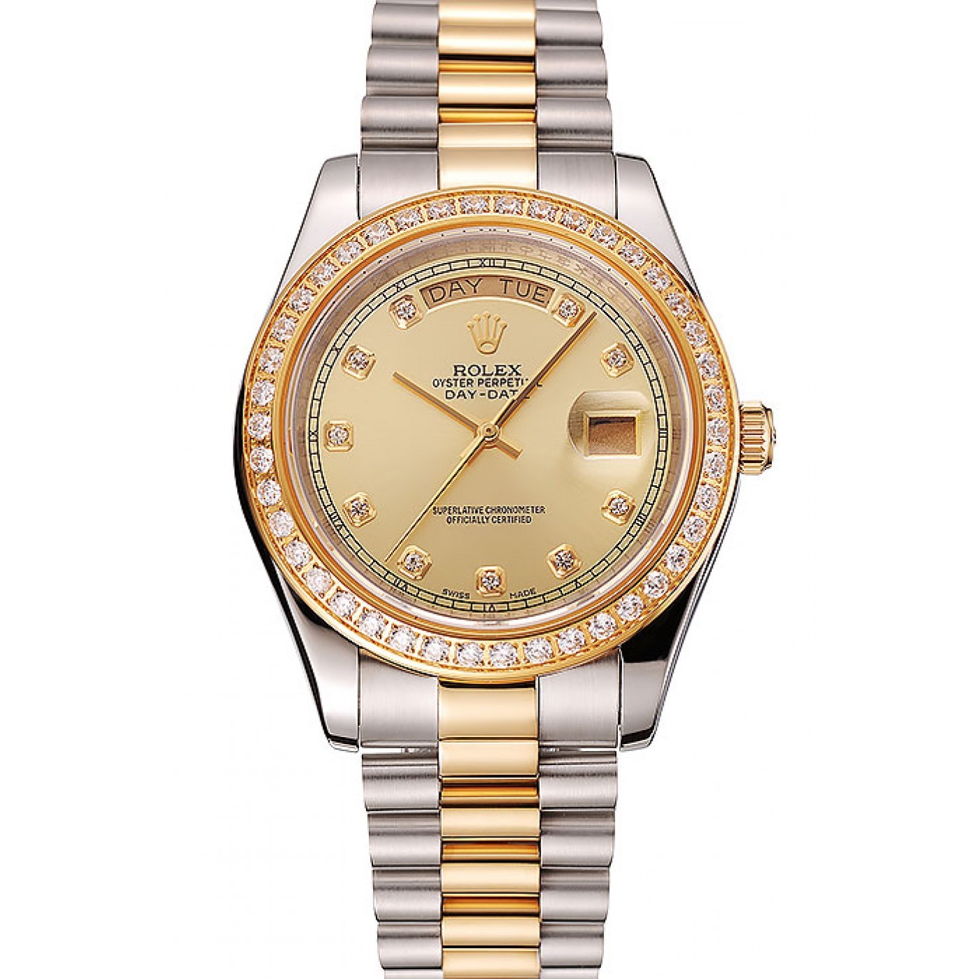 RepTime Watches Swiss Rolex Day-Date Champagne Dial Gold Diamond Case Two Tone Stainless Steel Bracelet 1453974