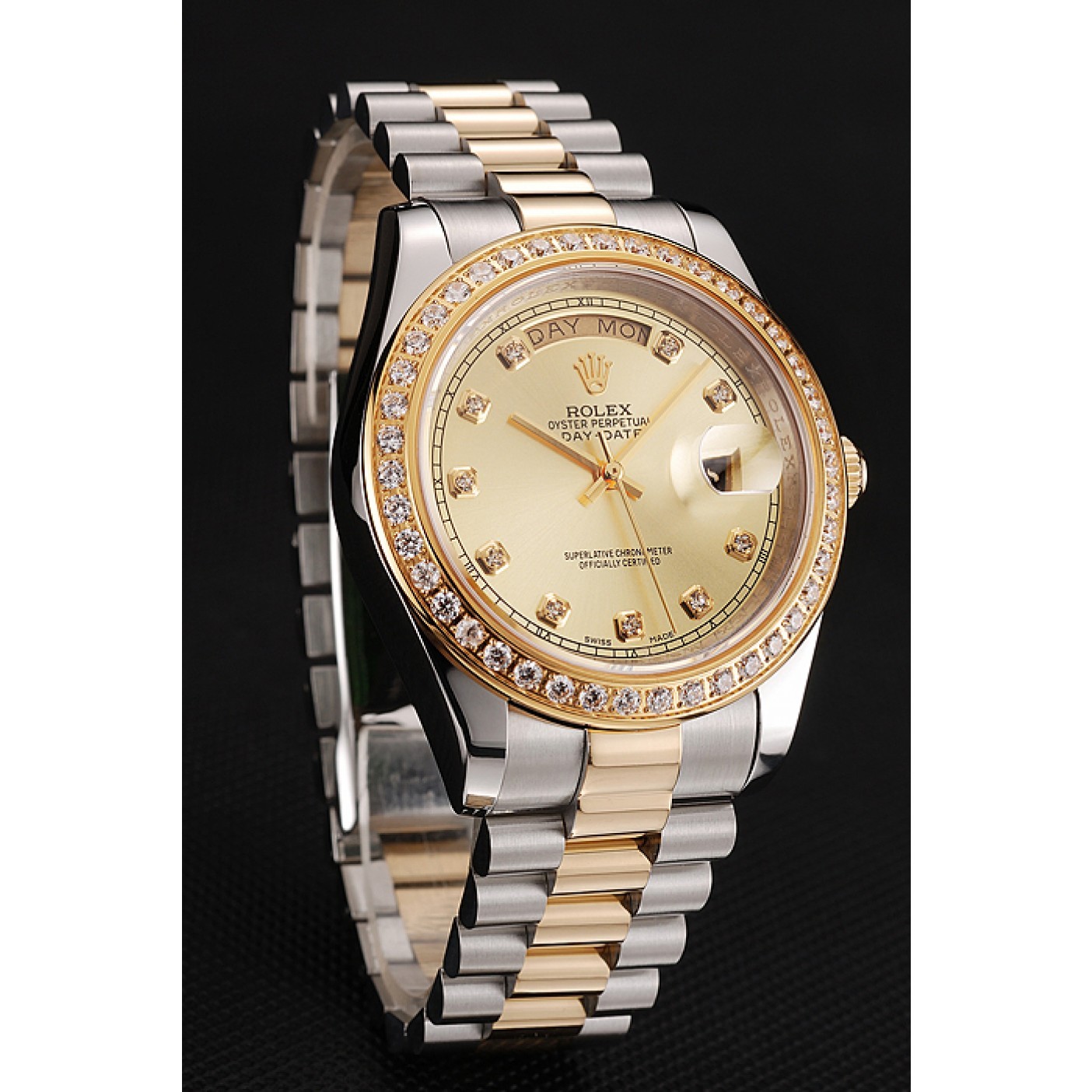 RepTime Watches Swiss Rolex Day-Date Champagne Dial Gold Diamond Case Two Tone Stainless Steel Bracelet 1453974