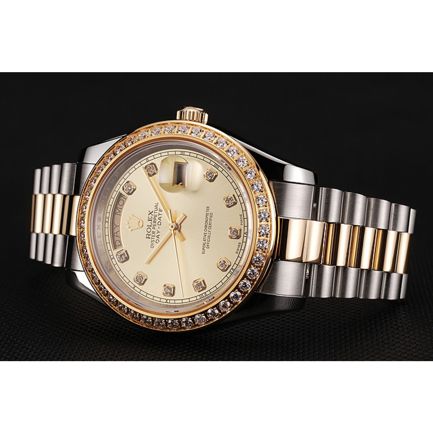 RepTime Watches Swiss Rolex Day-Date Champagne Dial Gold Diamond Case Two Tone Stainless Steel Bracelet 1453974