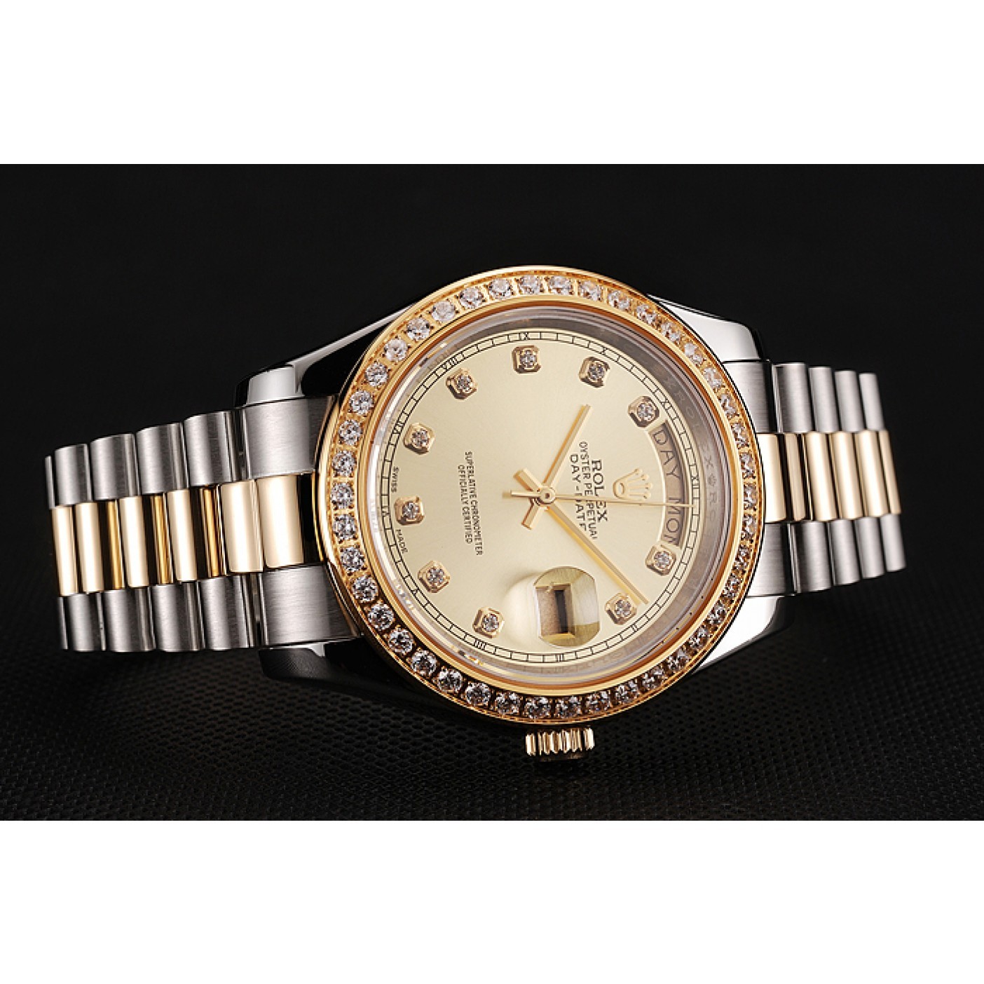 RepTime Watches Swiss Rolex Day-Date Champagne Dial Gold Diamond Case Two Tone Stainless Steel Bracelet 1453974