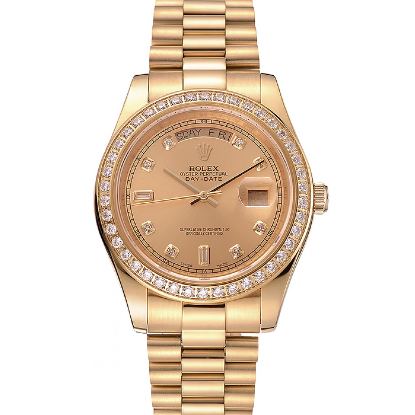 RepTime Watches Swiss Rolex Day-Date Champagne Dial Diamond Bezel Gold Bracelet 1454099