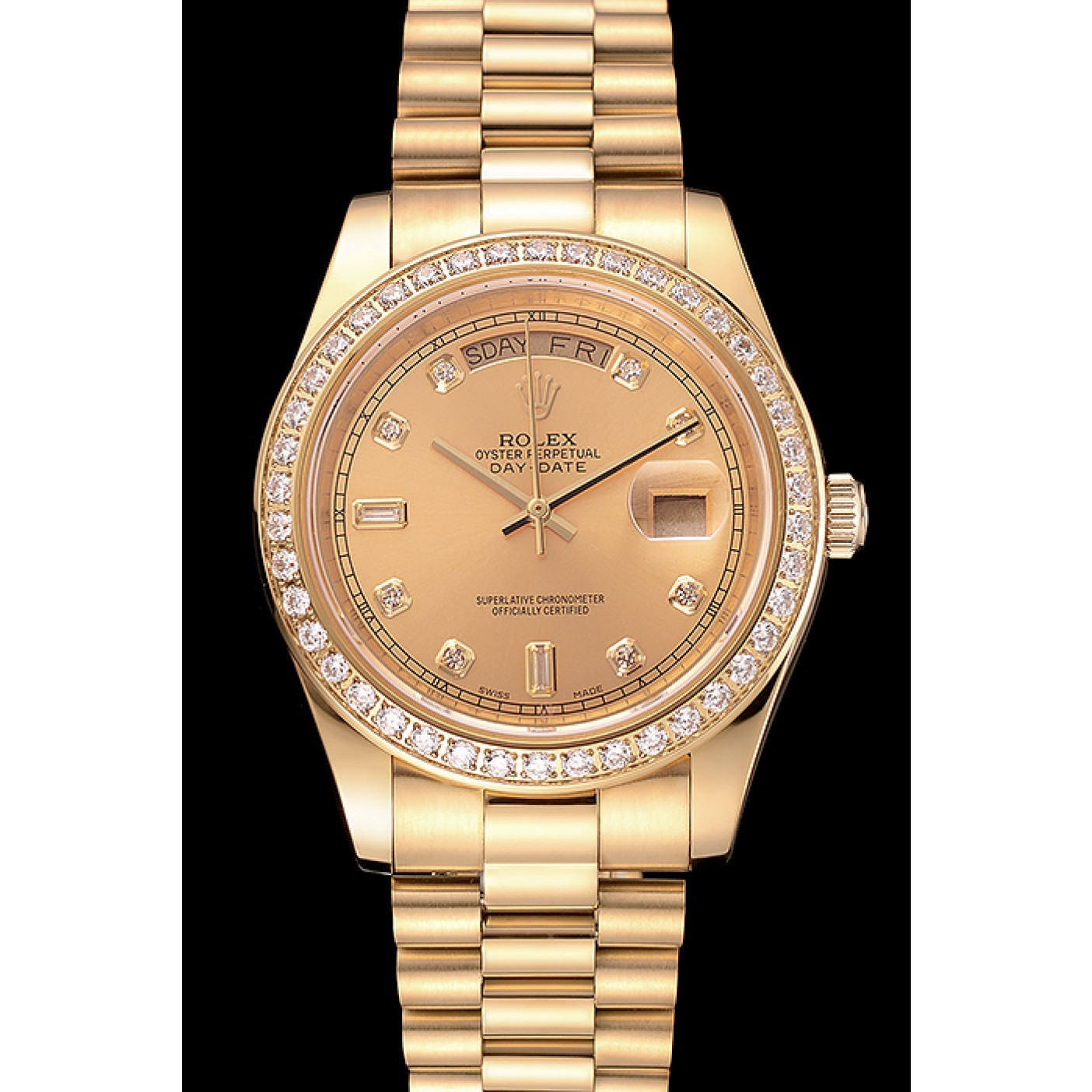 RepTime Watches Swiss Rolex Day-Date Champagne Dial Diamond Bezel Gold Bracelet 1454099