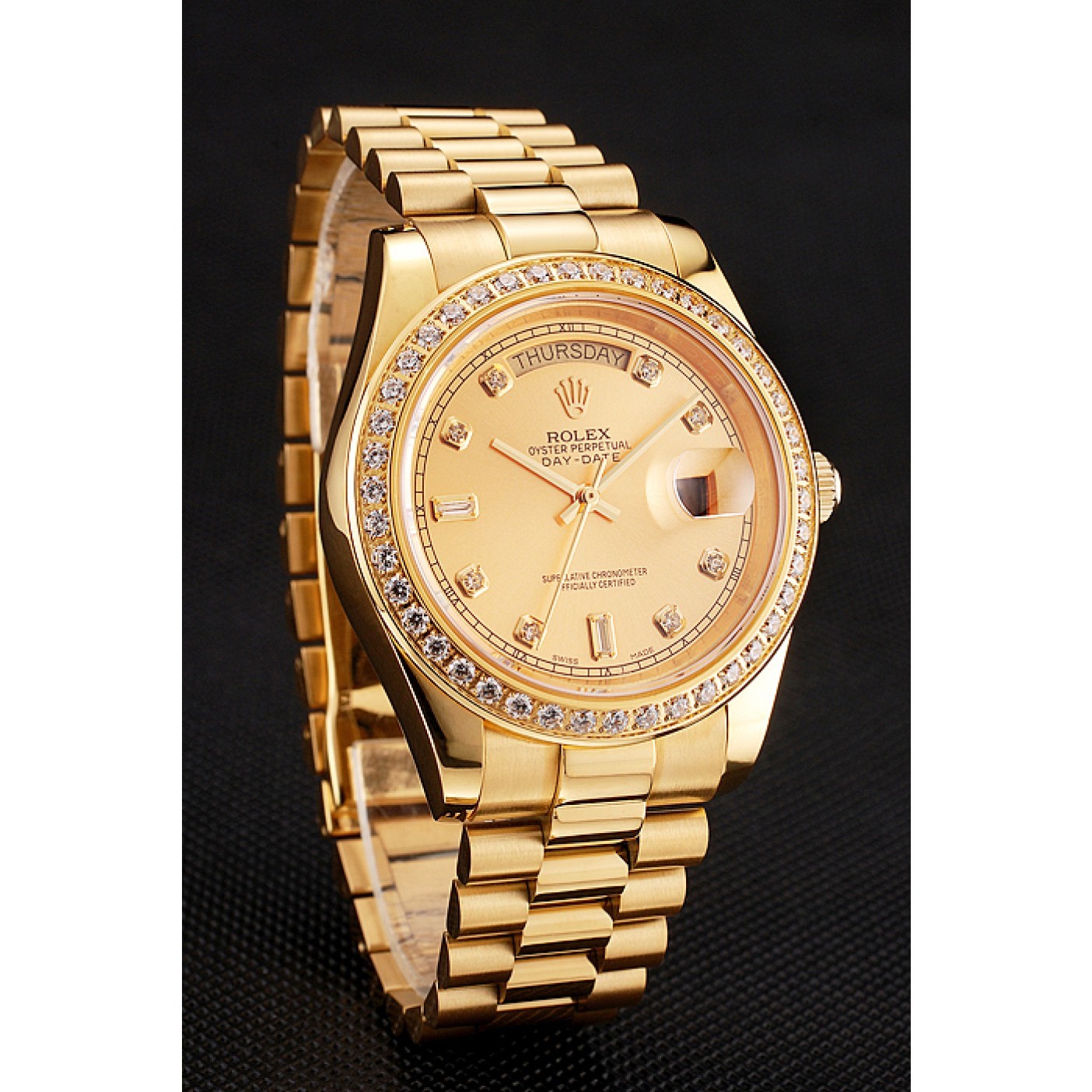 Swiss Rolex Day-Date Champagne Dial Diamond Bezel Gold Bracelet 1454099