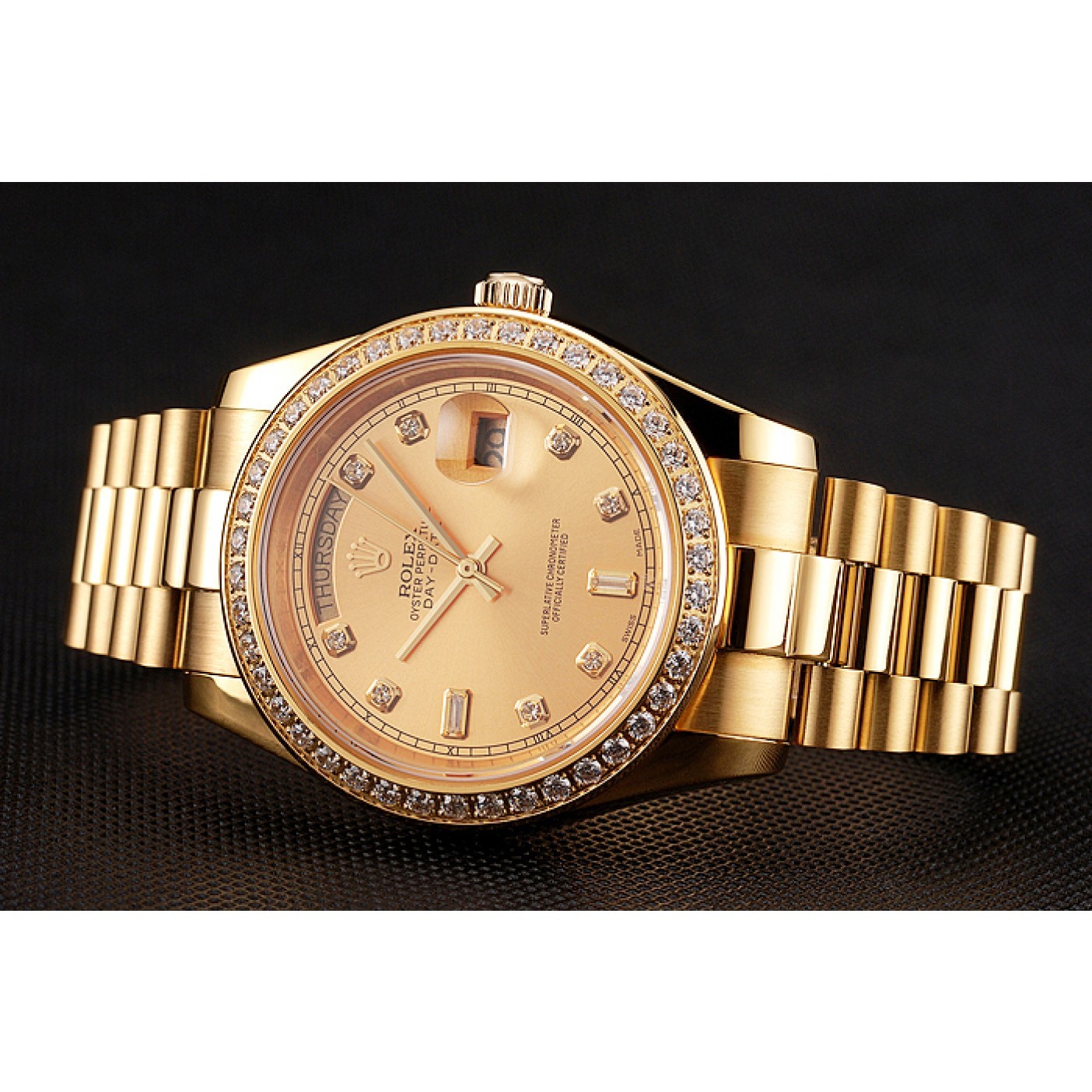 RepTime Watches Swiss Rolex Day-Date Champagne Dial Diamond Bezel Gold Bracelet 1454099