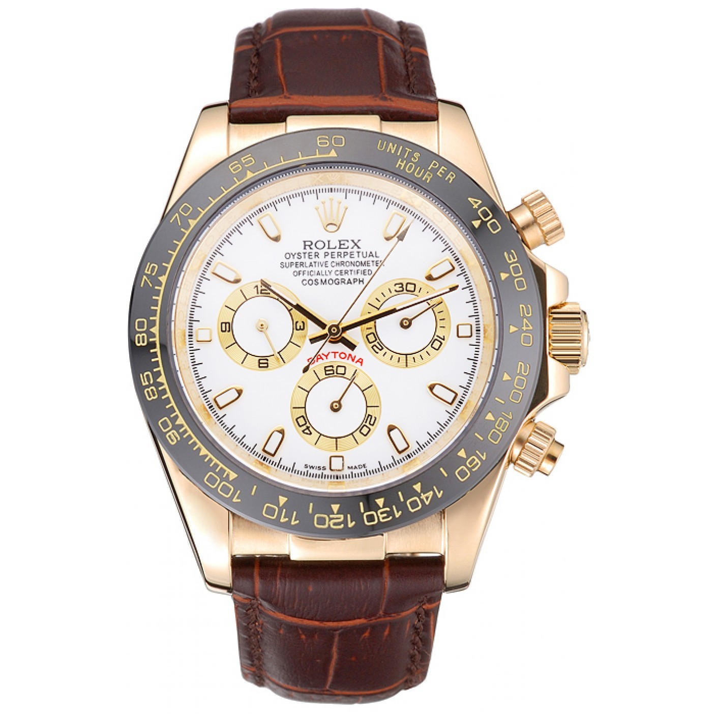 RepTime Watches Rolex Cosmograph Daytona Gold Case White Dial Brown Leather Bracelet 622633