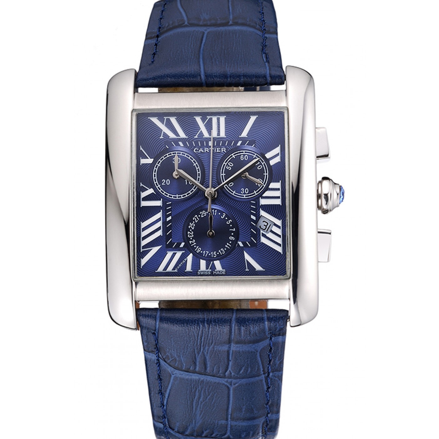 Cartier Tank MC Blue Dial Stainless Steel Case Blue Leather Bracelet 622691