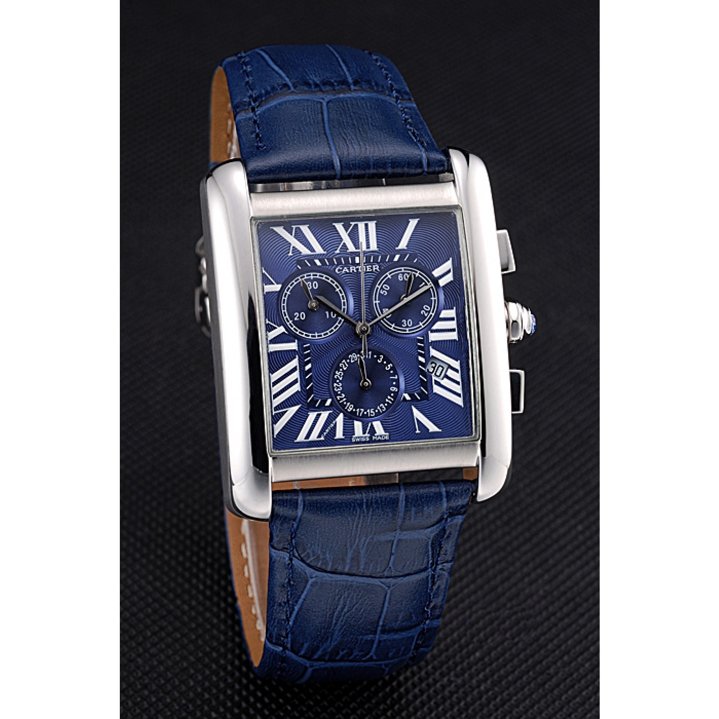 Cartier Tank MC Blue Dial Stainless Steel Case Blue Leather Bracelet 622691