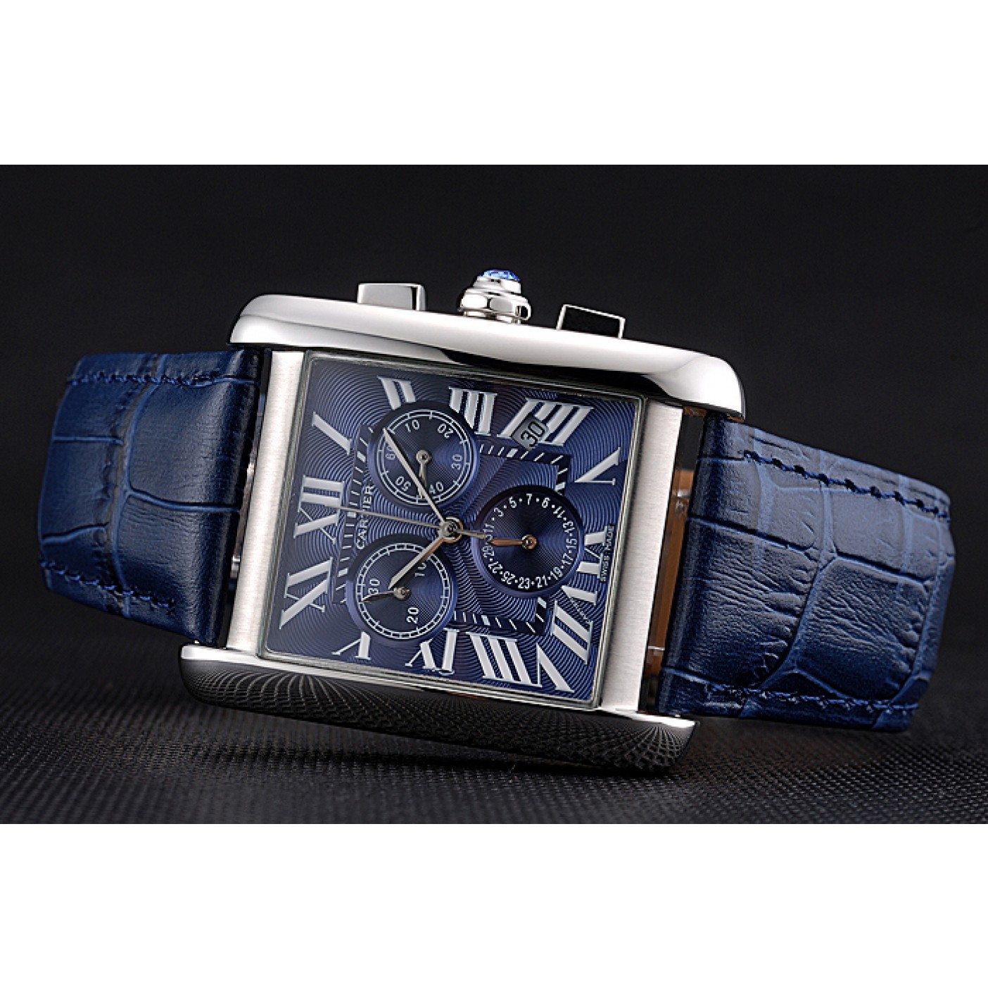 Cartier Tank MC Blue Dial Stainless Steel Case Blue Leather Bracelet 622691