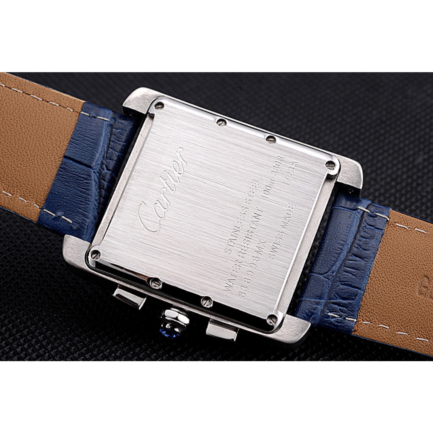 Cartier Tank MC Blue Dial Stainless Steel Case Blue Leather Bracelet 622691