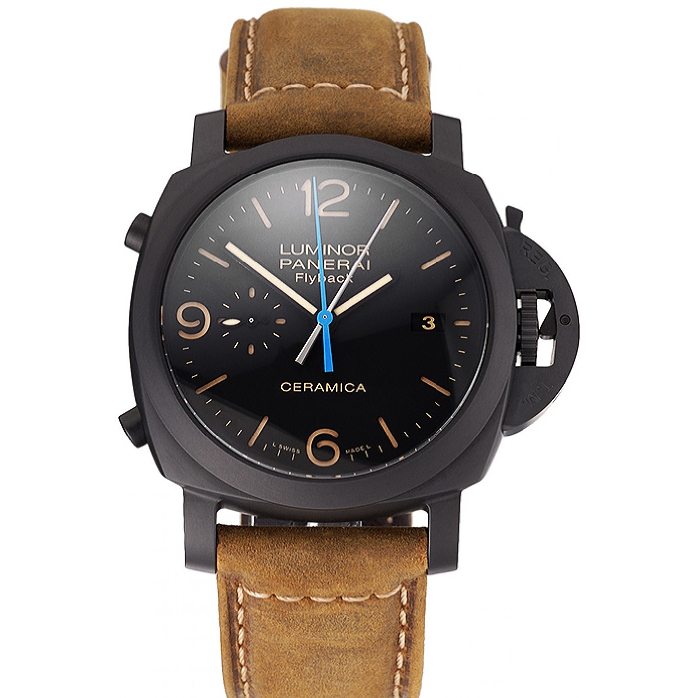 Swiss Panerai Luminor Ceramica Flyback Chronograph Black Dial Black Case Brown Leather Strap