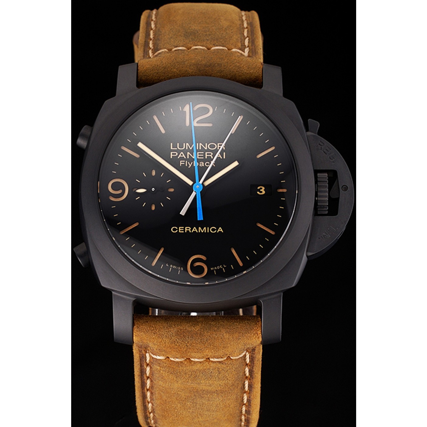 Swiss Panerai Luminor Ceramica Flyback Chronograph Black Dial Black Case Brown Leather Strap