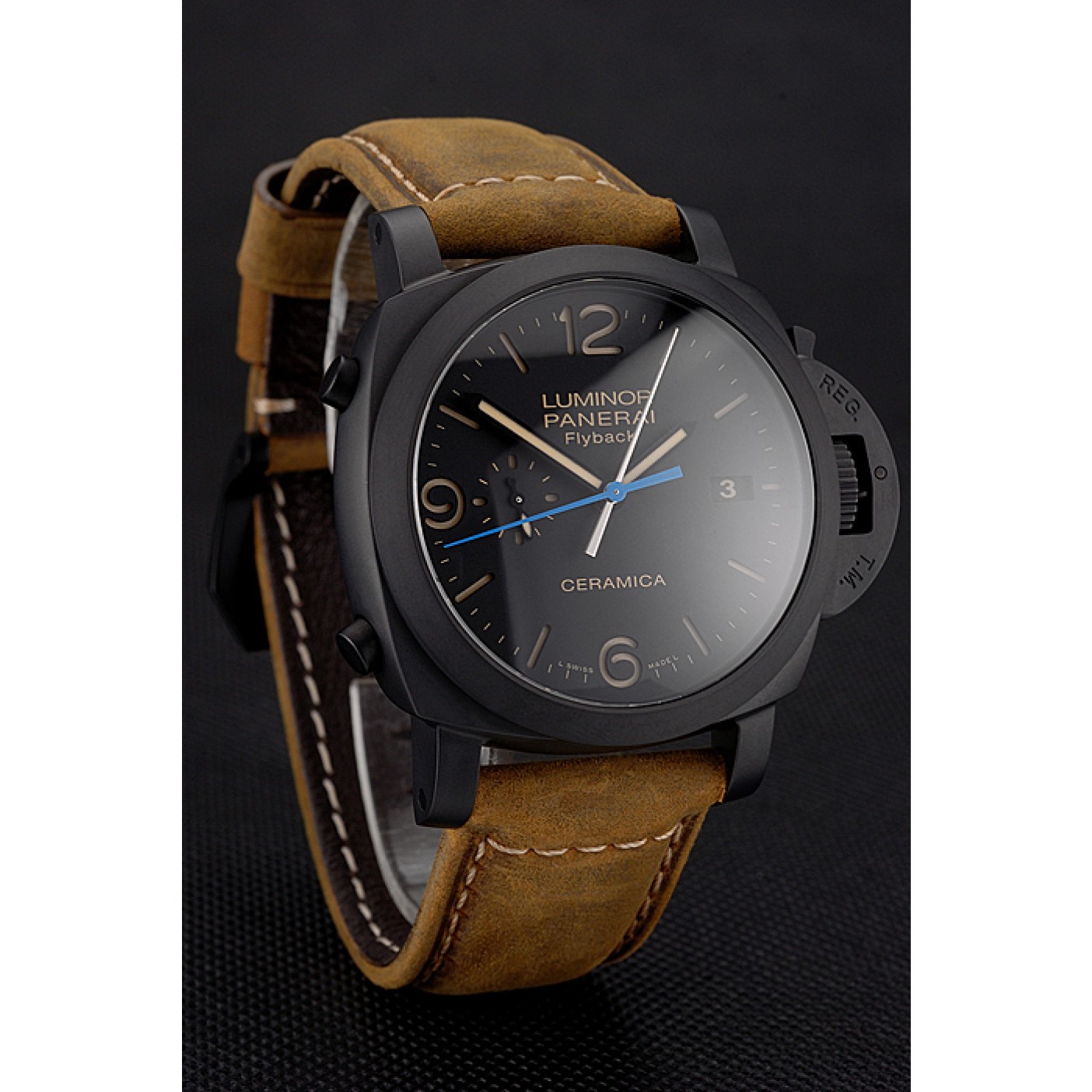 Swiss Panerai Luminor Ceramica Flyback Chronograph Black Dial Black Case Brown Leather Strap