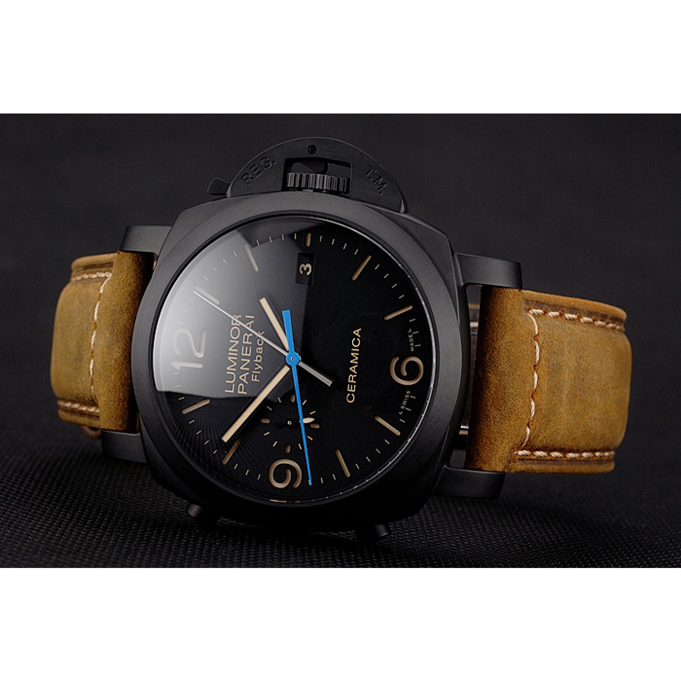 Swiss Panerai Luminor Ceramica Flyback Chronograph Black Dial Black Case Brown Leather Strap