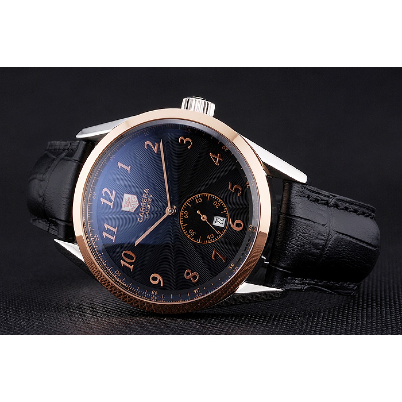 Tag Heuer Carrerra Calibre 6 Black Dial Rose Gold Black Leather Band 622163