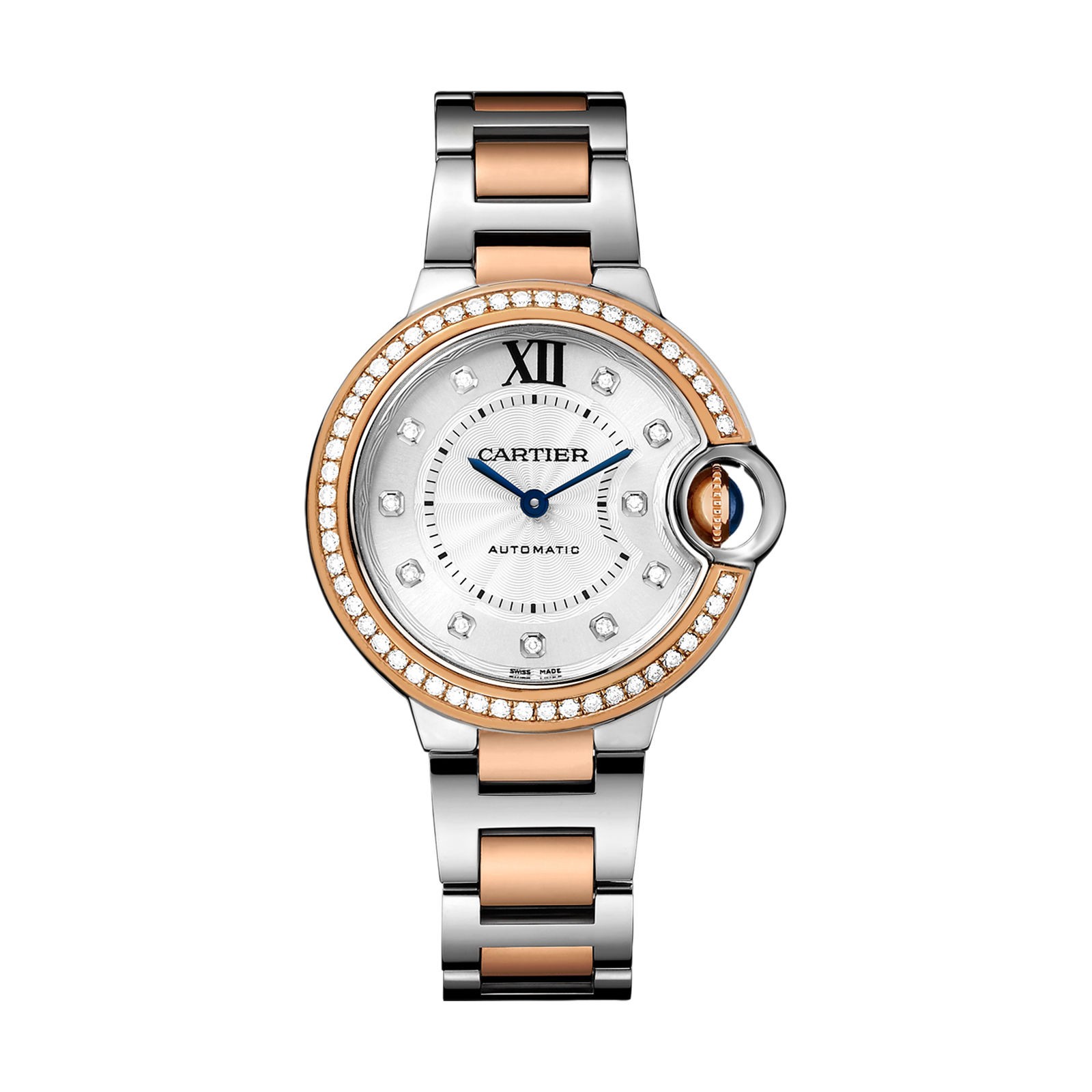 Swiss Ballon Bleu de Cartier watch, 33 mm, rose gold, steel, diamonds