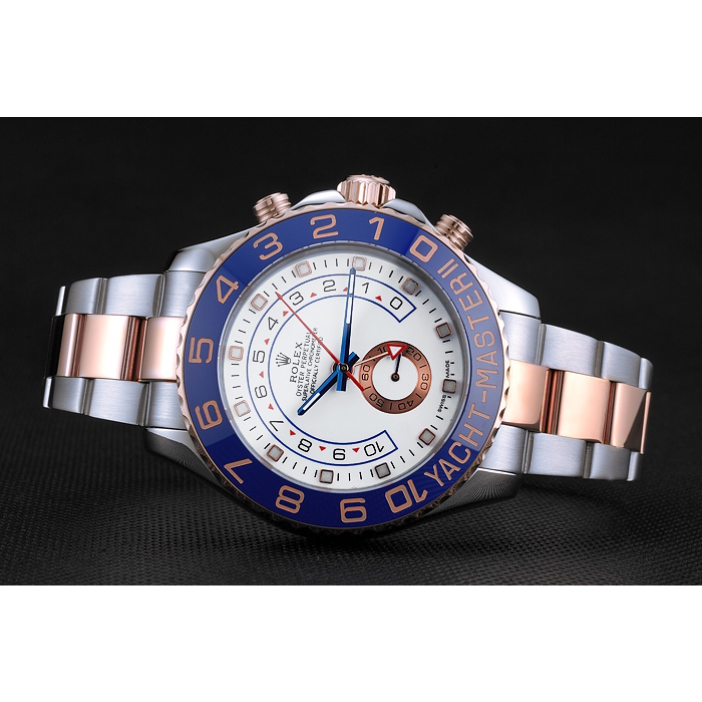 RepTime Watches Rolex Yacht-Master II White Dial Blue Bezel Stainless Steel and Rose Gold Bracelet 622270