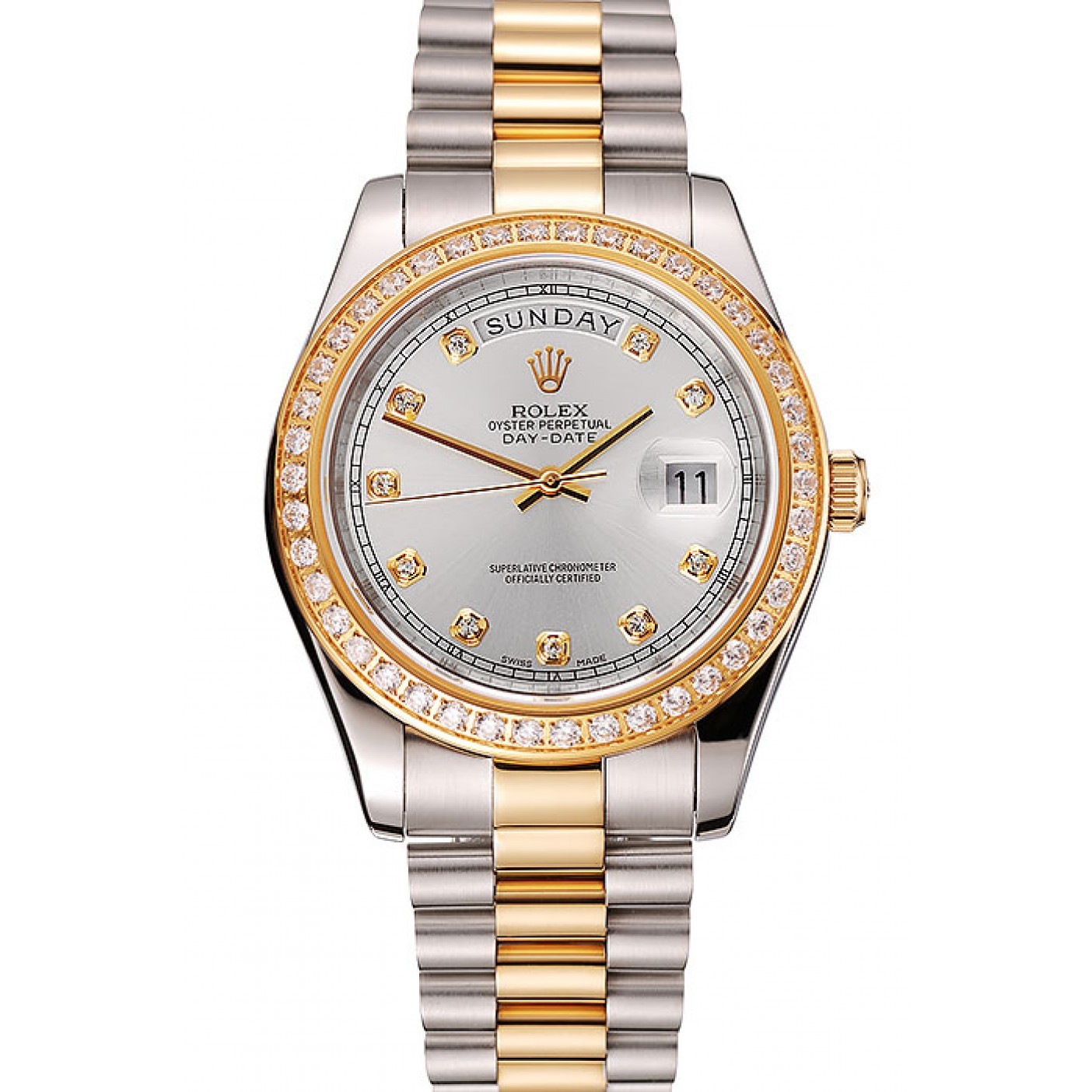 RepTime Watches Swiss Rolex Day-Date White Dial Gold Diamond Case Two Tone Stainless Steel Bracelet 1453971