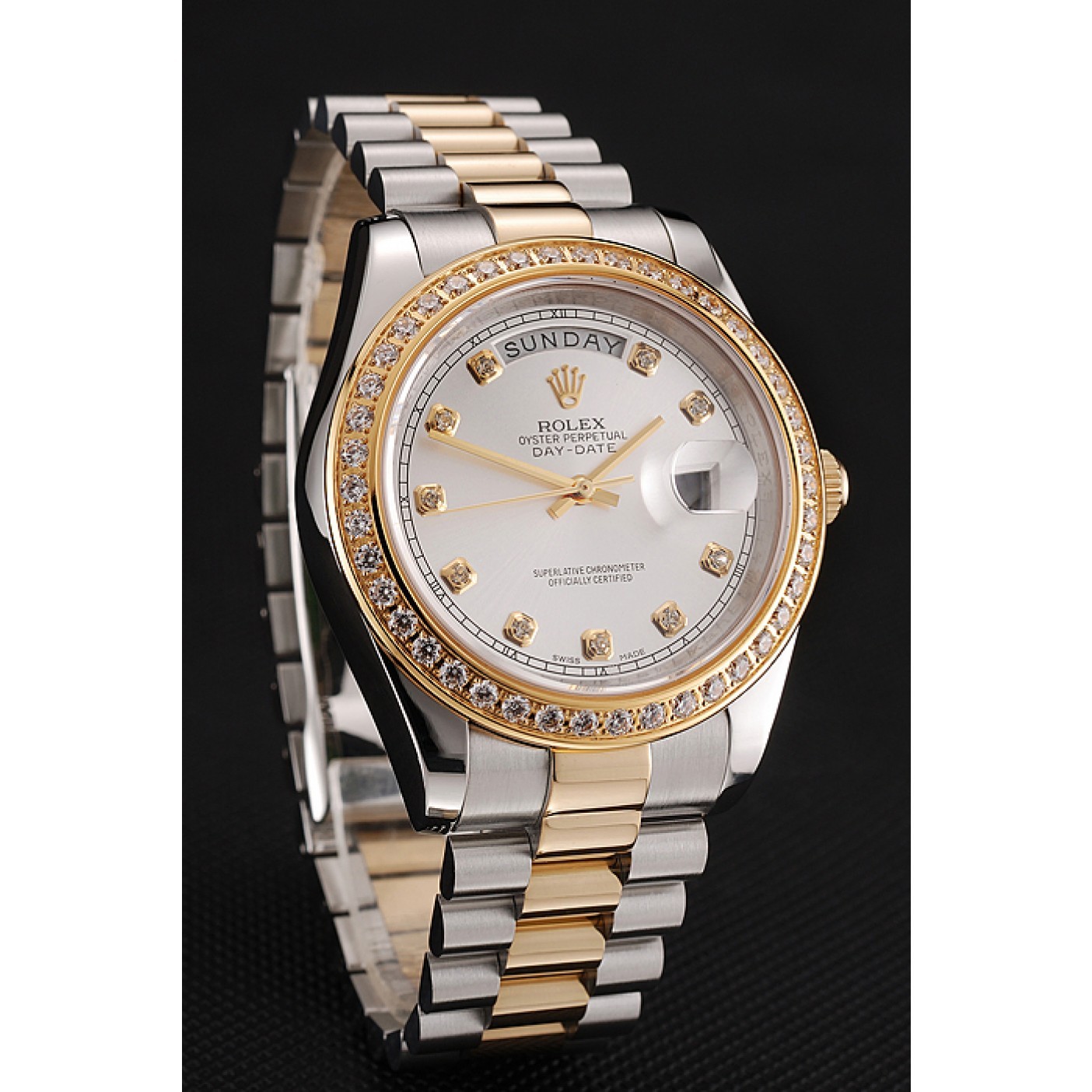 RepTime Watches Swiss Rolex Day-Date White Dial Gold Diamond Case Two Tone Stainless Steel Bracelet 1453971