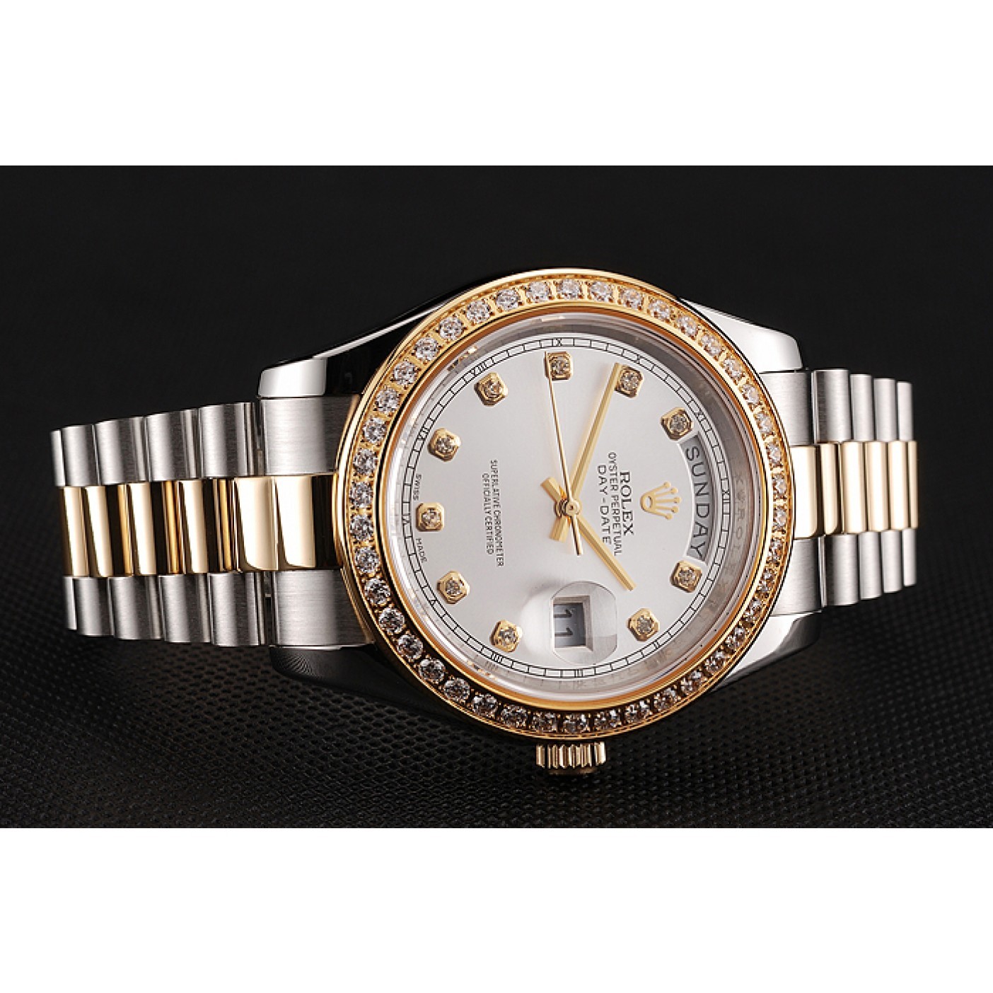 RepTime Watches Swiss Rolex Day-Date White Dial Gold Diamond Case Two Tone Stainless Steel Bracelet 1453971