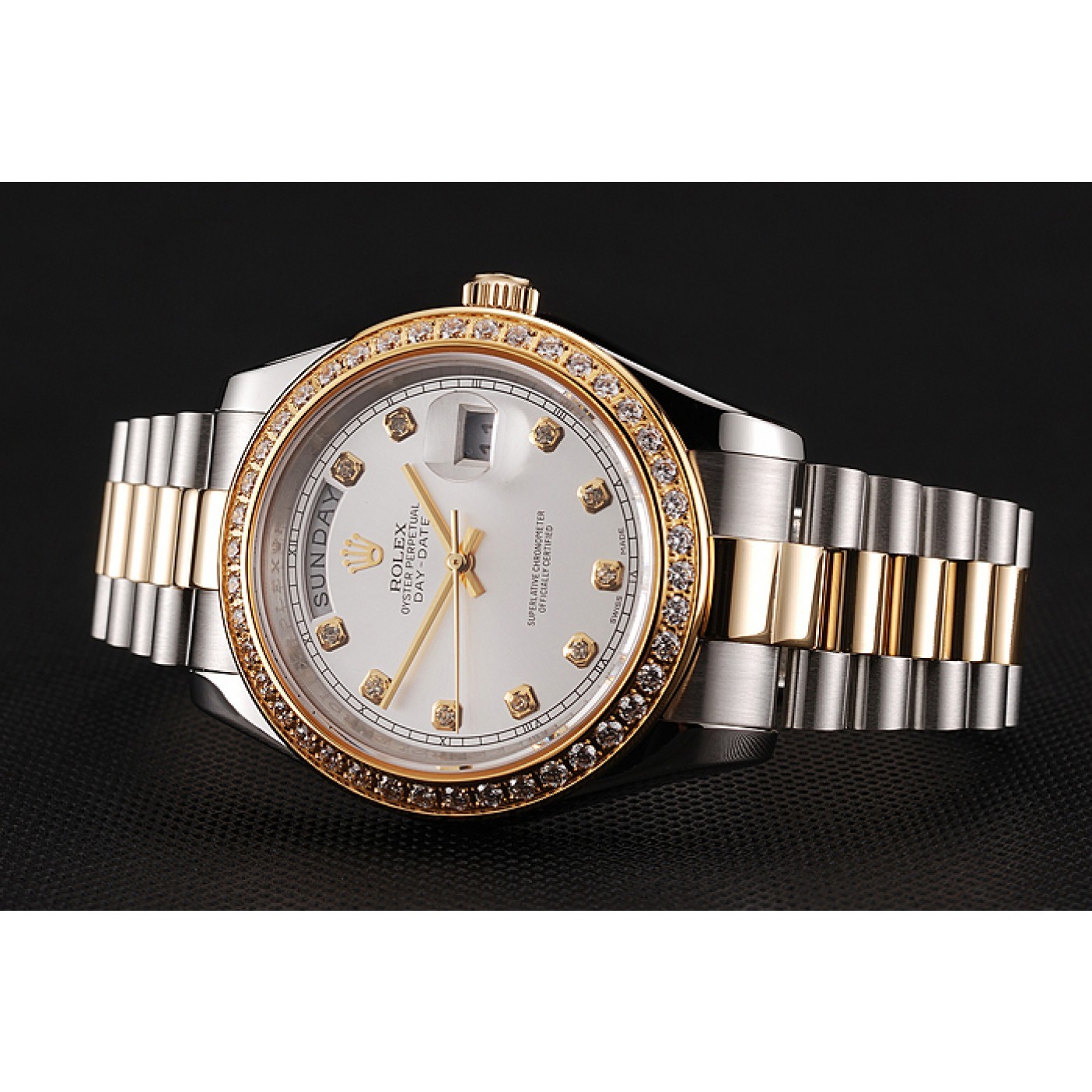 RepTime Watches Swiss Rolex Day-Date White Dial Gold Diamond Case Two Tone Stainless Steel Bracelet 1453971