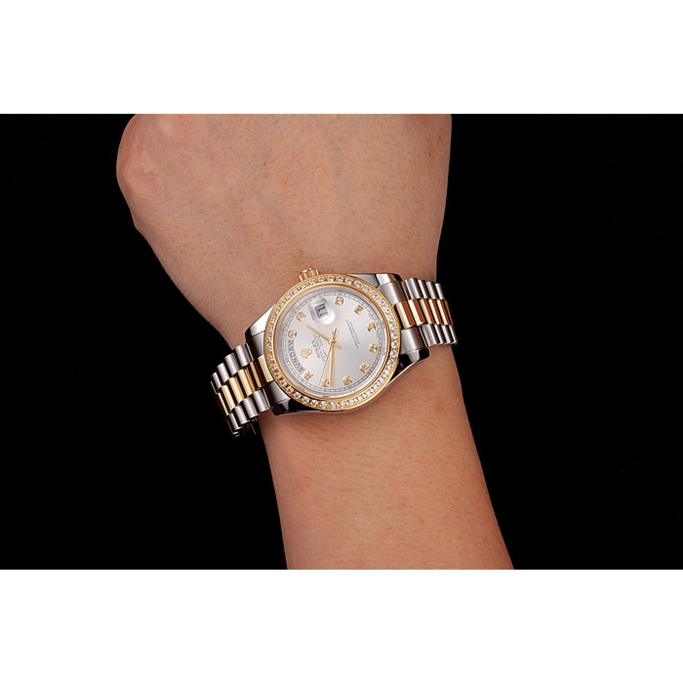 Swiss Rolex Day-Date White Dial Gold Diamond Case Two Tone Stainless Steel Bracelet 1453971