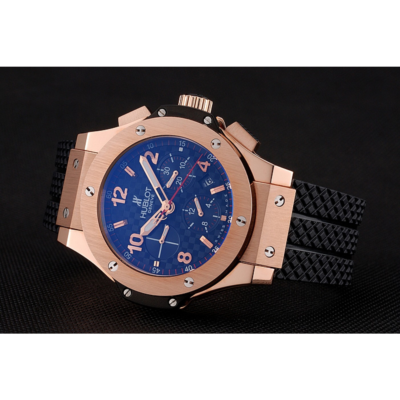 Swiss Hublot Big Bang Carbon Effect Dial Rose Gold Case Black Rubber Bracelet 1453897