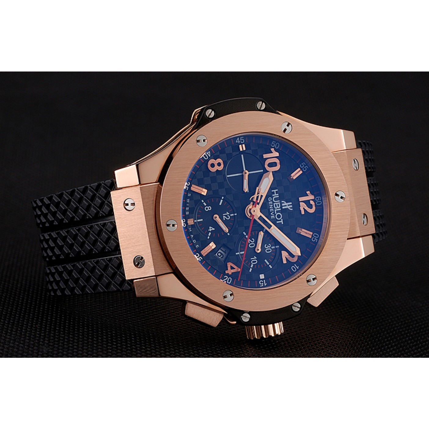 Swiss Hublot Big Bang Carbon Effect Dial Rose Gold Case Black Rubber Bracelet 1453897