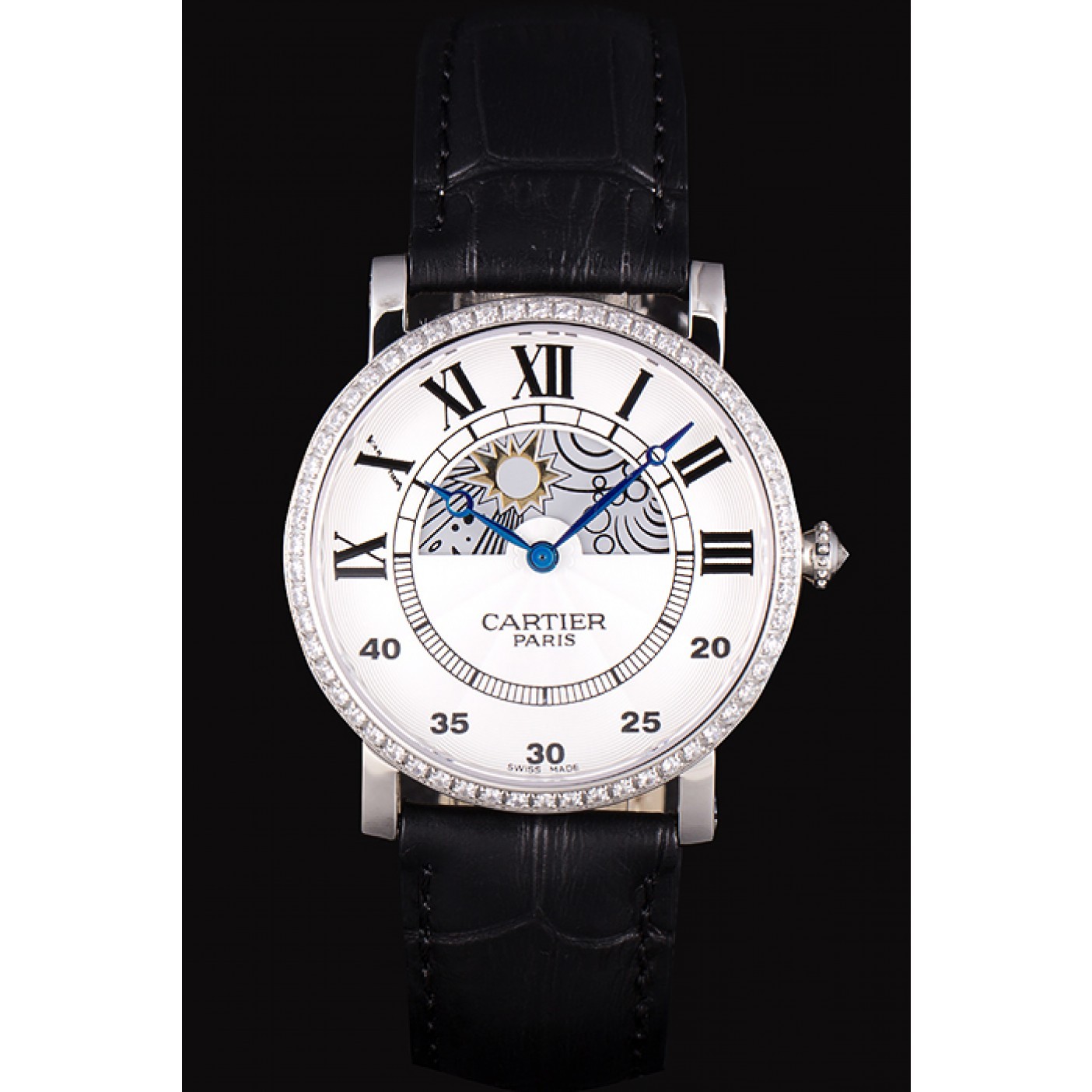 Cartier Moonphase Silver Watch with Black Leather Band ct255 621374