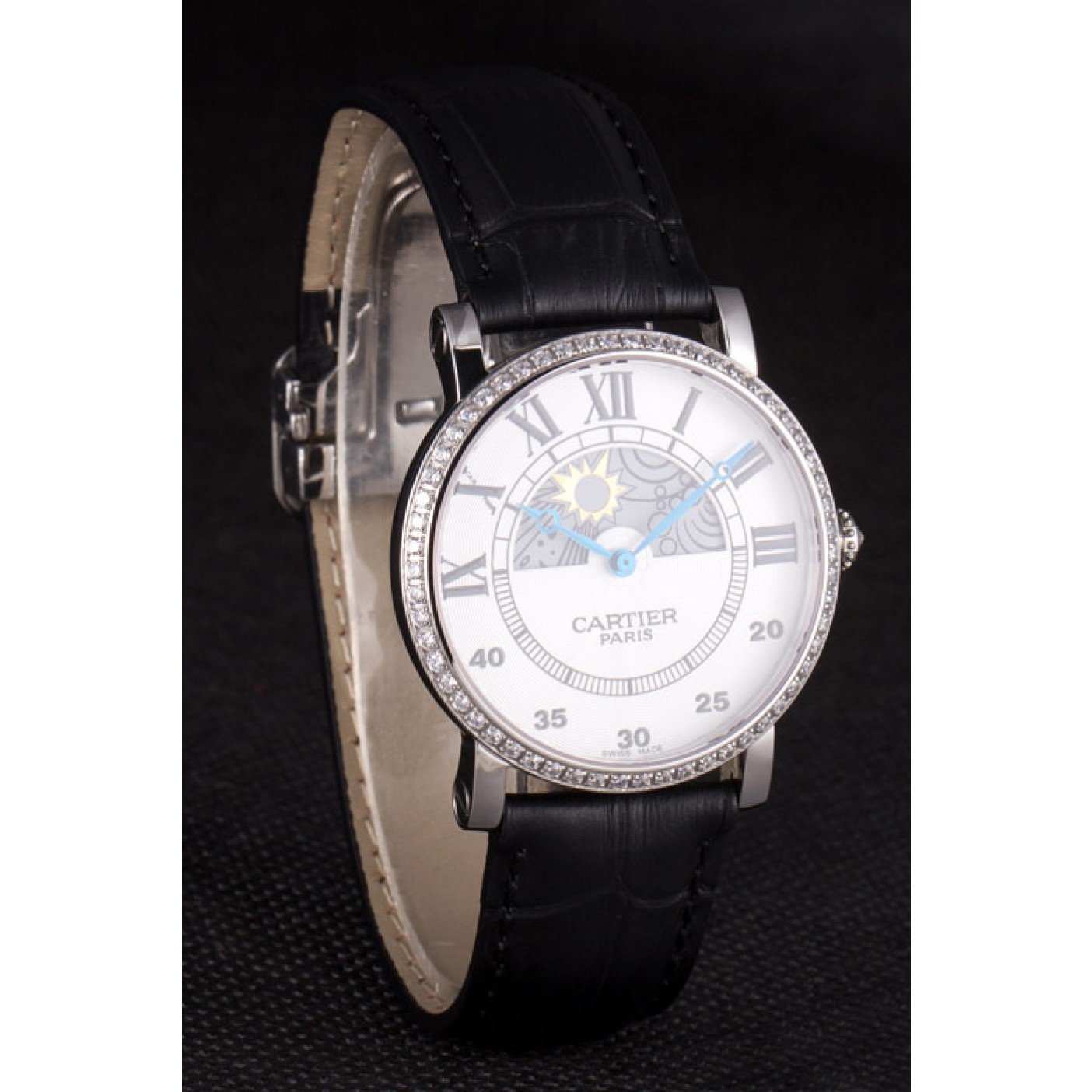 Cartier Moonphase Silver Watch with Black Leather Band ct255 621374